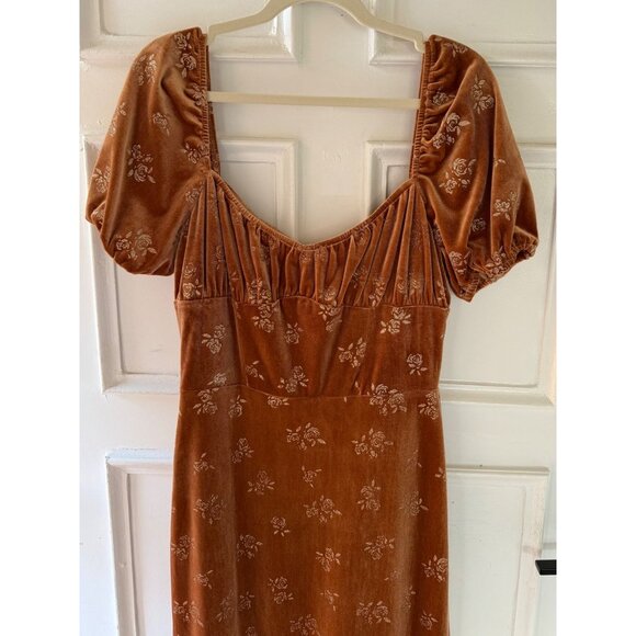 Lait Collection Velvet Dress Size XL Rust Floral Puff Sleeve Ruffle Hem Retro - Picture 11 of 17